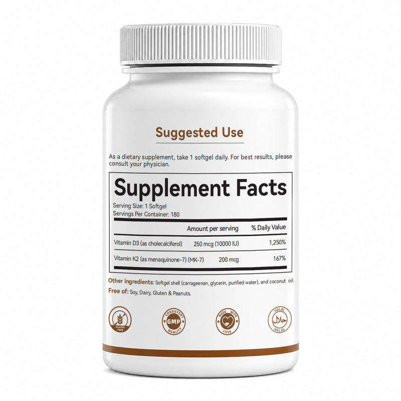 Vitamin D3 10000 IU K2 MK-7 200mcg 2-in-1 Formula | Cold-Pressed Virgin Coconut Oil Softgels, Extra Strength, Easy to Swallow, Gluten Free, 180ct 6 Month Supply