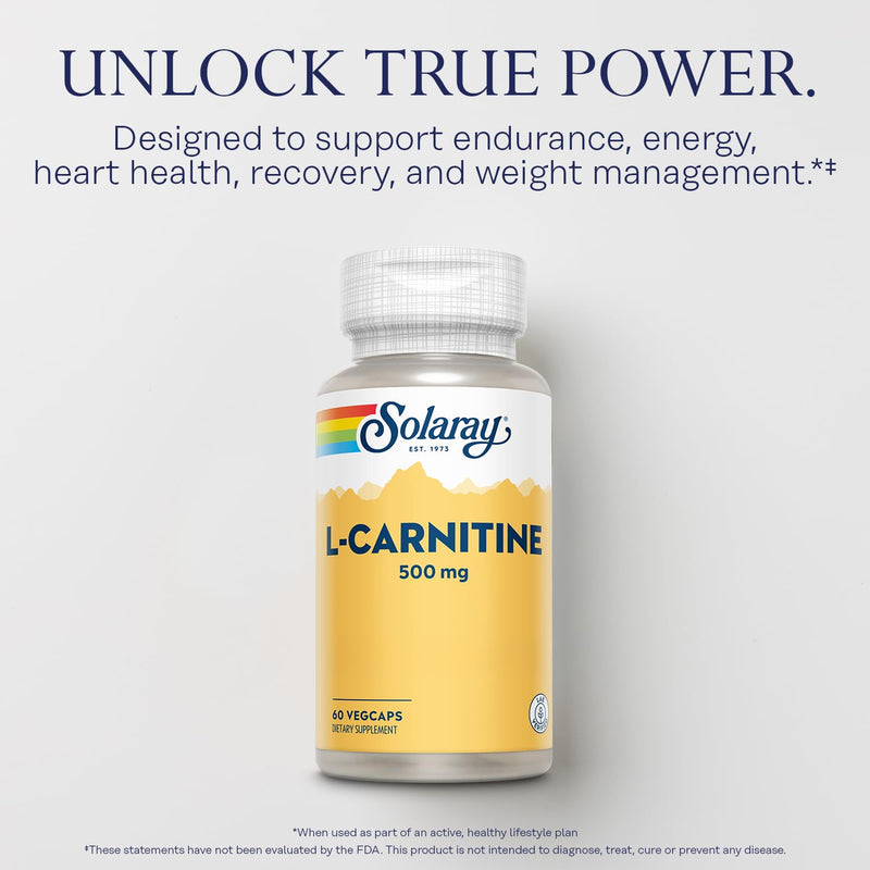 SOLARAY L-Carnitine 500 mg, Free Form Amino Acid, Lab Verified, GMP Facility, 60 Servings, 60 VegCaps