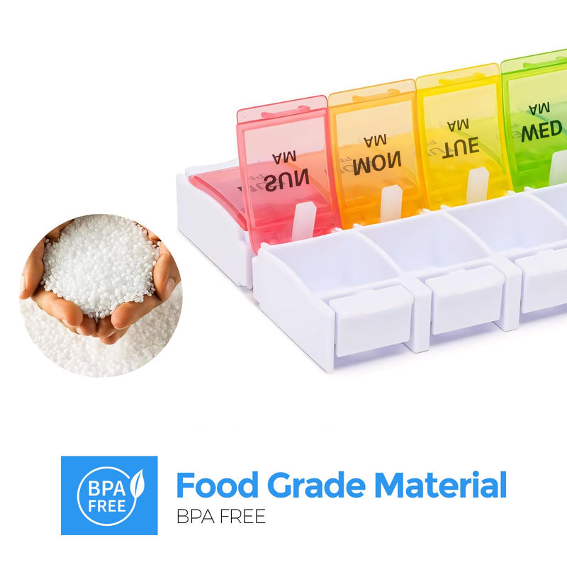 Weekly Pill Organizer 7 Day Pill Box with Labels, Spring Open Pill Case for Vitamins Supplements and Medications, BPA Free Daily Medicine Pill Organizer for Medication Portable Pill Holder White
