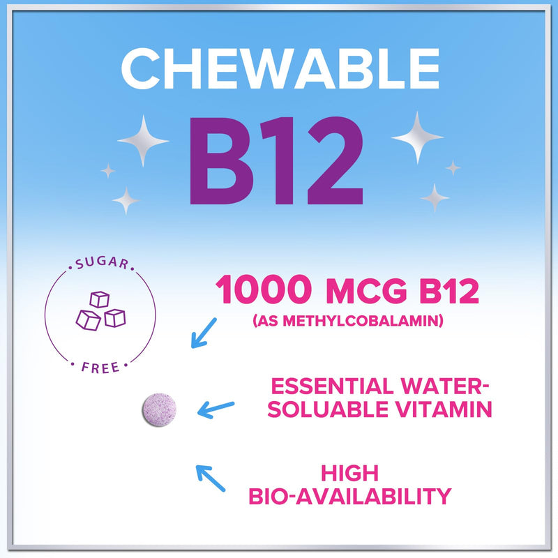Vitamin B12 1000 mcg per Serving Chewables - B12 Complex with Heart & Nerve Energy Health Support - Vitamin B-12 Complex with Immune Health Support - Fast Dissolve, Bottled in USA - 120 Chewables 120 Count (Pack of 1)