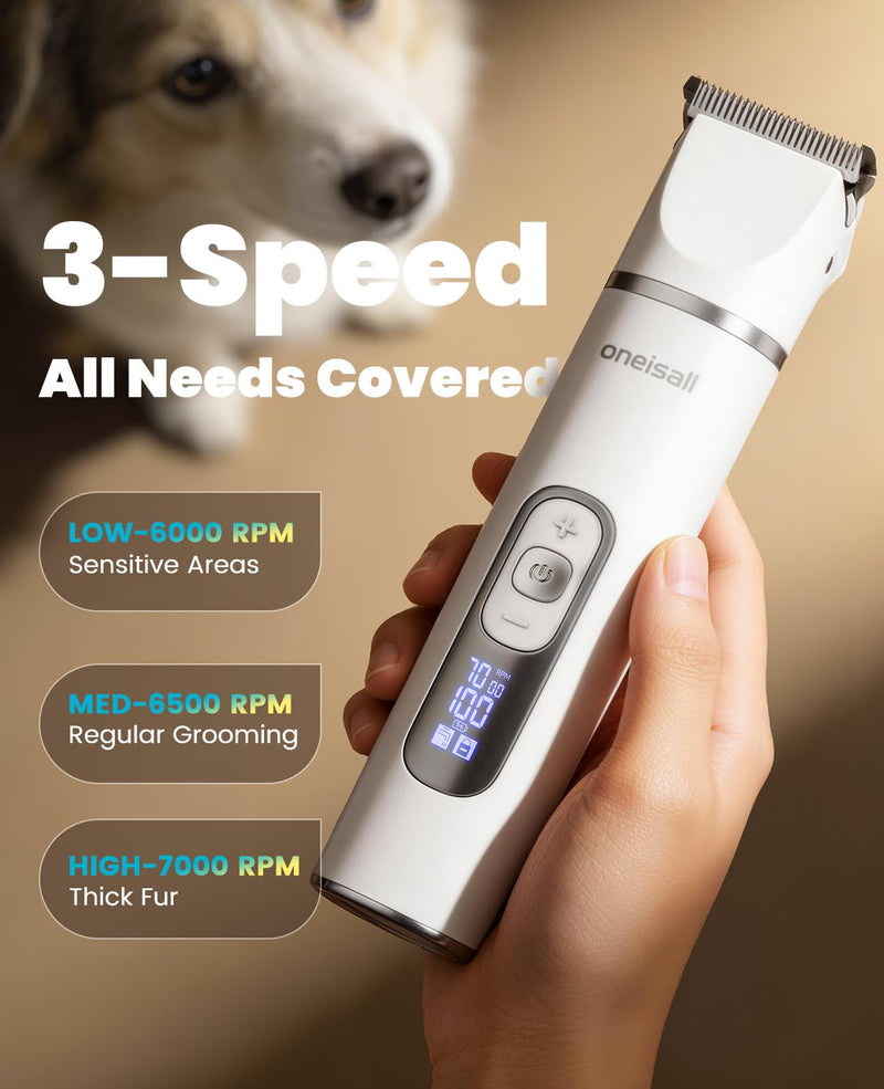 oneisall 4 in 1 Dog Grooming Kit with LCD Display, Dog Hair Trimmer for Paw Nail Grinder, Rechargeable Cordless Low Noise IPX7 Waterproof Pet Clippers (White) White