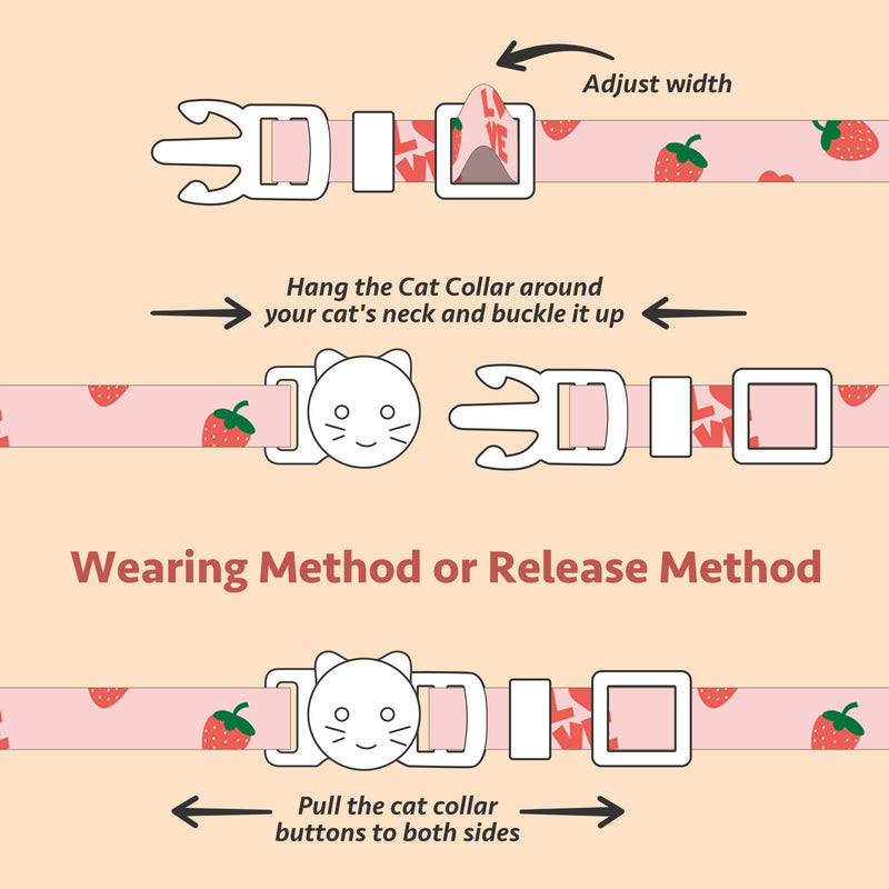 2 Pack Cotton Breakaway Cat Collar,Pink Strawberries and White Heart Shaped Pendant Kitten Collar Cute Cat Collar with Bell,Ideal for Girl Cats Boy Cats Pink&White - BeesActive Australia