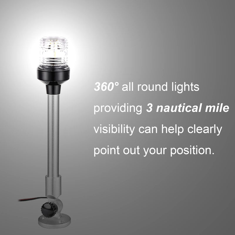 12 inch 3 Nautical Mile Navigation Anchor Lights All Round 360° White LED With Aluminum Base and Tube, Extra LED Bulb Included, 12-24V 12 Inch Foldable