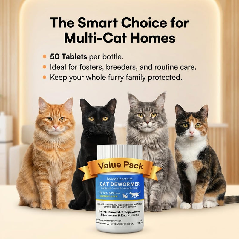 Dewormer for Cat and Kittens, Broad Spectrum Praziquantel & Pyrantel Pamoate Tablet, Removal of Tapeworms, Hookworms & Roundworms, Effective and Fast (50 Tablets)