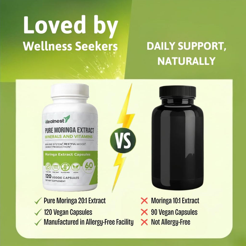 Pure Moringa Extract Capsules – 20:1 (20,000 mg) Potent Formula – Vegan Superfood Supplement with Vitamins & Minerals – Energy, Immunity, Digestion & Mood Support – 120 Capsules – Non-GMO, Gluten-Free