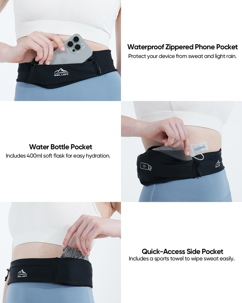 Running Belt with 400ml Water Bottle, Adjustable Running Fanny Pack with Phone Holder and Gym Towel, Waterproof Belt Bag for Women Men for Jogging Hiking Marathon (Black, M/L) - BeesActive Australia