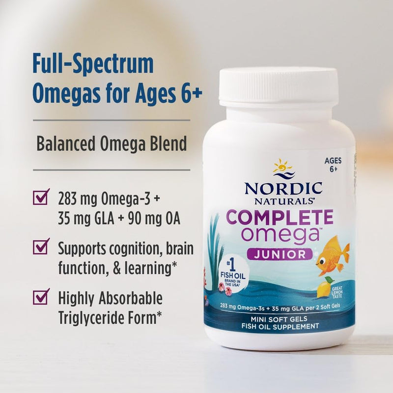 Nordic Naturals Complete Omega Jr. Kids Fish Oil, Lemon - 90 Mini Soft Gels | 283mg Omega-3s & 35mg GLA. Supports healthy cognition & nervous system function. Non-GMO. Lemon flavor. 45 servings. 90 Count (Pack of 1) Standard Packaging