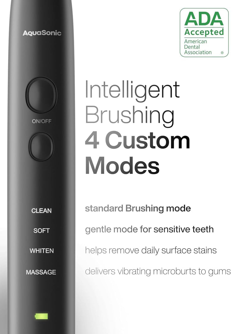 Aquasonic Black Series Ultra Whitening Toothbrush – ADA Accepted Electric Toothbrush- 8 Brush Heads & Travel Case – 40,000 VPM Electric Motor & Wireless Charging - 4 Modes w Smart Timer 1 Count (Pack of 1) - BeesActive Australia