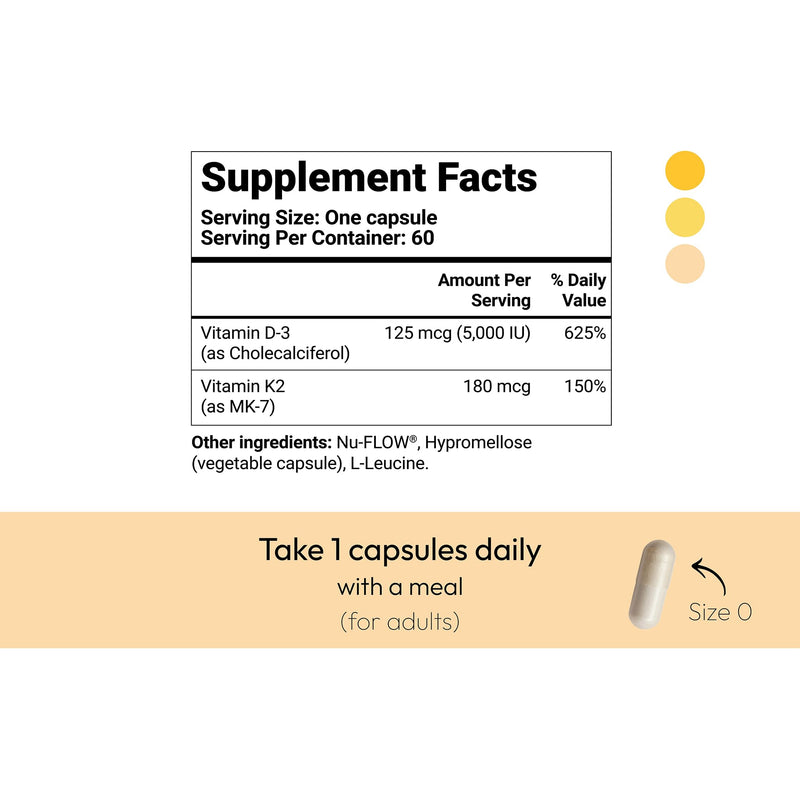 Vitamin D3 K2 5000 IU with MK7 (180 mcg) | Natural Supplement for Bone Strength, Heart Health, and Immune Support | Vegan Capsules | 60 Servings