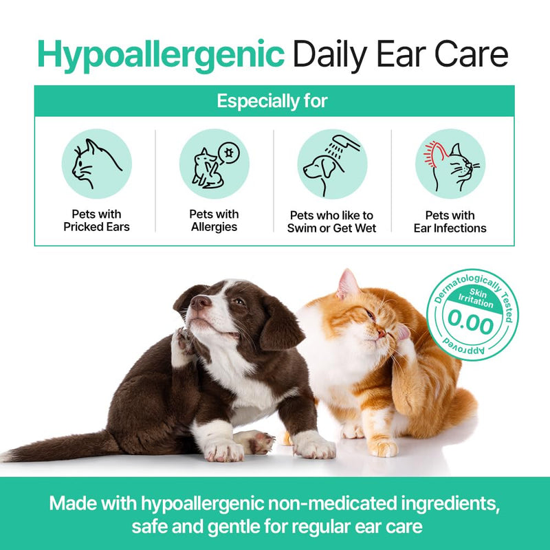 PetO’Cera CL’Ear Ear Cleaner for Dogs & Cats with 52% Hinoki Cypress Water, Cica & Heartleaf Extract, Soothes Itching, Removes Debris, Odor, Alcohol-Free, Fragrance-Free, Hypoallergenic, 4 fl oz