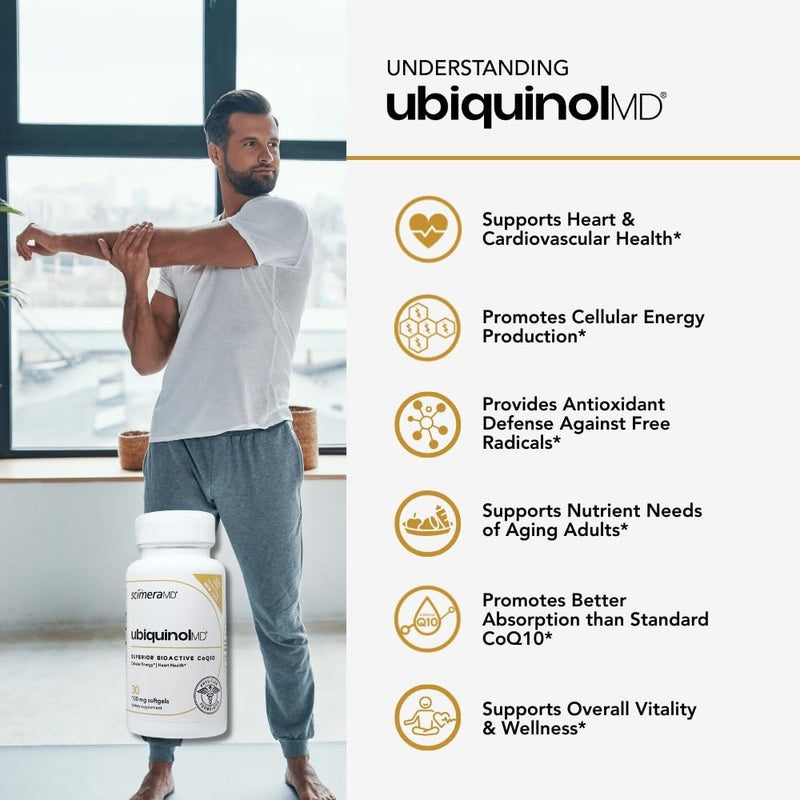 ScimeraMD® Ubiquinol Coenzyme Q10 Kaneka QH Antioxidant Supplement for Heart Health and Cellular Energy Production, 30 CT