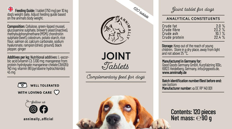 Annimally Joint Tablets with Green Lipped Mussel for Dogs 120 pcs. - Supplement for All Breeds with Glucosamine, Chondroitin, Vitamin B6 & MSM, Made in Germany