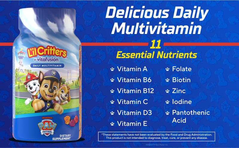 Lil Critters Nickelodeon Paw Patrol Kids Multivitamin Gummies | 60 Count | Gummy with Vitamin A B C D E | Fruit Flavors | 11 Essential Nutrients | Gluten and Dairy Free Children's Daily Supplement 60 Count (Pack of 1)