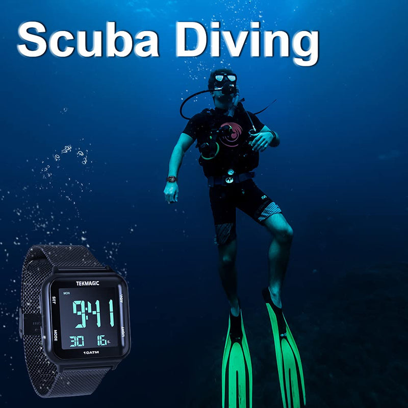 100m Waterproof Luminous Scuba Diving Watch with Stainless Steel Watch Strap, Support Stopwatch, Alarm Clock and Backlight Functions, Dual Time Display, 12/24 Hour Format