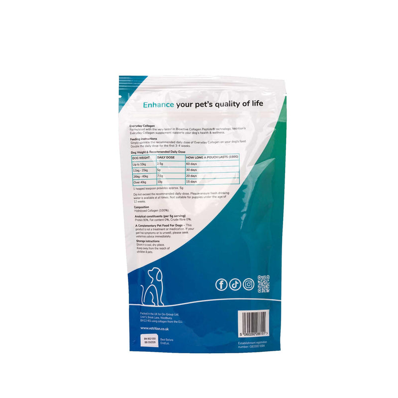 Collagen Powder for Dogs, Vet Approved Hydrolysed Collagen Peptides Supplement for Joints, Skin, Coat, Health, Bioactive Protein Rich Powder for All Ages, Breeds, Sizes Dogs, 150g