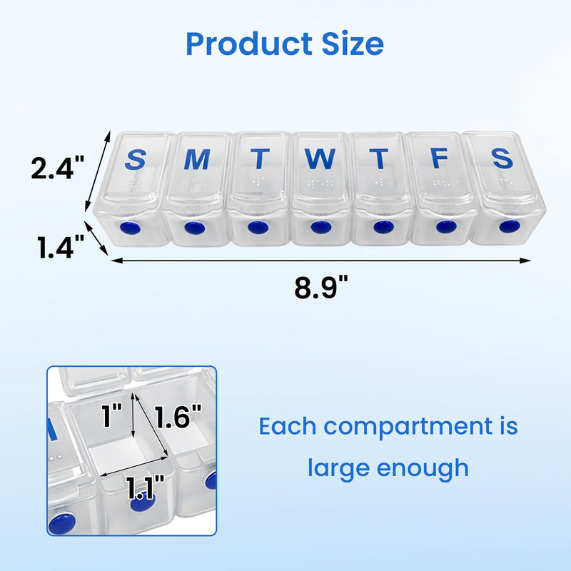 Weekly Pill Organizer, 7 Day Pill Case with Braille & Push Button, Large Pill Organizer for Vitamins, Fish Oil, Supplements & Tablets, Travel Case