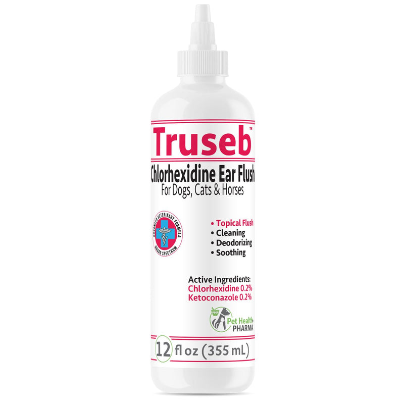 Truseb Maximum Strength Dog Ear Infection Treatment Flush, Cat & Dog Ear Cleaner Solution Medicated with Chlorhexidine & Ketoconazole Helps with Ear Itching Redness Swelling (12 oz)