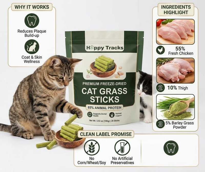 Happy Tracks Cat Grass Sticks for Cats — Freeze-Dried Chicken & Barley Grass | High Protein Grain-Free Cat Snack | Hairball Control & Dental Support | 3.53oz / 20 Sticks