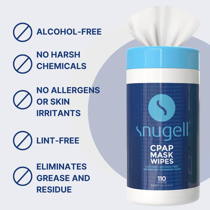 Snugell Unscented CPAP Mask Wipes ‚Äì 110 Count ‚Äì100% Soft Cotton ‚Äì Lint & Alcohol-Free ‚Äì Skin-Safe Formula with Aloe Vera ‚Äì Easy-to-Open Canister ‚Äì Perfect for Cleaning CPAP Masks, Tubes, and Devices 110 Count (Pack of 1)