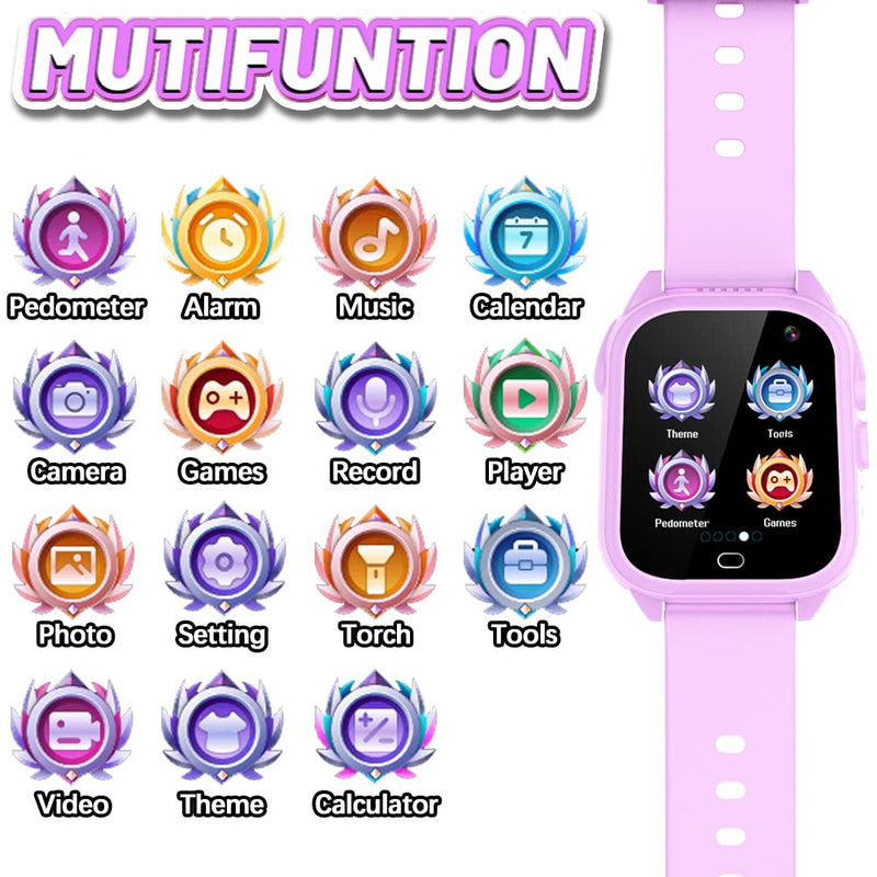 OVV Smart Watch for Kids Boys Girls Age 3-12 with Waterproof 26 Games 1.44'' Touch Screen HD Camera MP3 Player Video Recorder Pedometer Alarm Clock Calculator Torch Wrist Watch Children Learning Toys purple