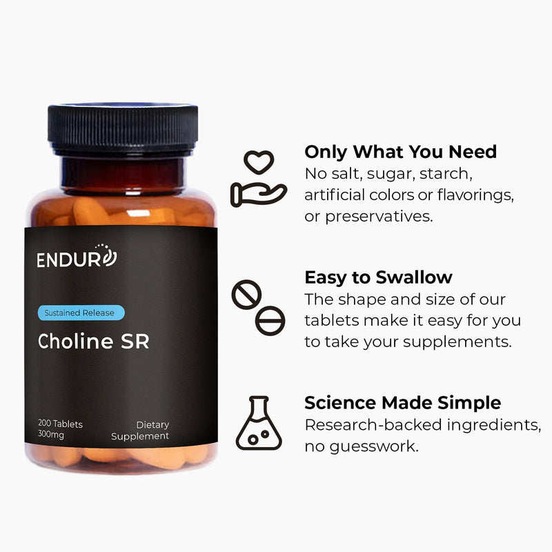 Endurance Products ENDUR Choline L(+) Bitartrate SR 300 mg, 200 Tablets | Sustained Release, Brain, Liver, Cellular & Fetal Development, Pregnancy Support, Optimal 6–8 Hour Absorption Delivery