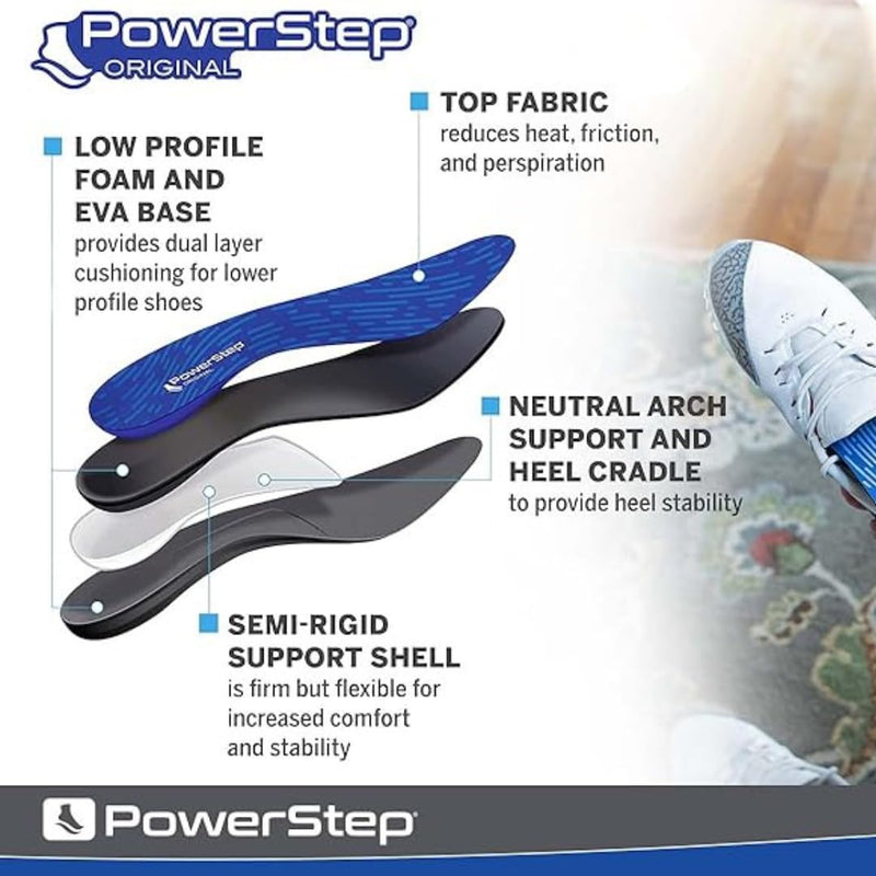 PowerStep Original Insoles, Arch Pain Relief Orthotics, Tight Shoes, Foot Support for Plantar Fasciitis, Mild Pronation, Foot & Arch Support Inserts, Shoe Inserts, Made in the USA (M 10-10.5, F 12) Blue/Black Men's 10-10.5 / Women's 12 - BeesActive Australia