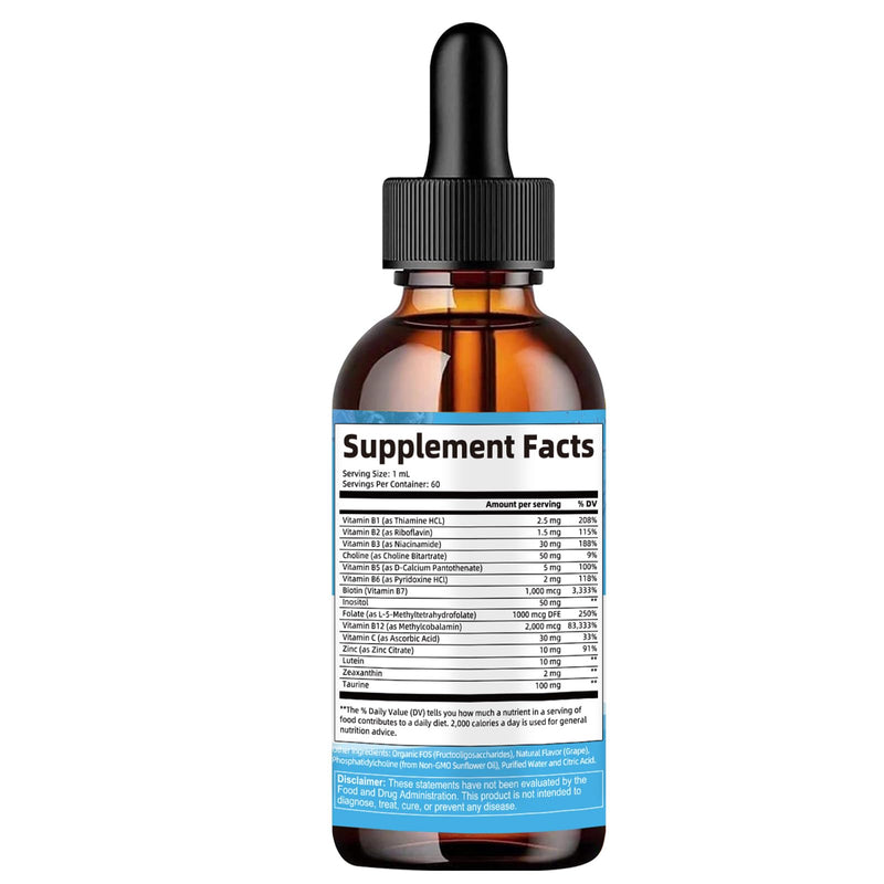 15-in-1 Liposomal Vitamin B Complex Pro Sugar-free B Complex Drops with B1, B2, B3 Niacinamide, Choline, B5, B6, B7 Biotin, Inositol, Folate, B12, Zinc, Lutein, Zeaxanthin, Taurine & Vit. C, 2 fl oz