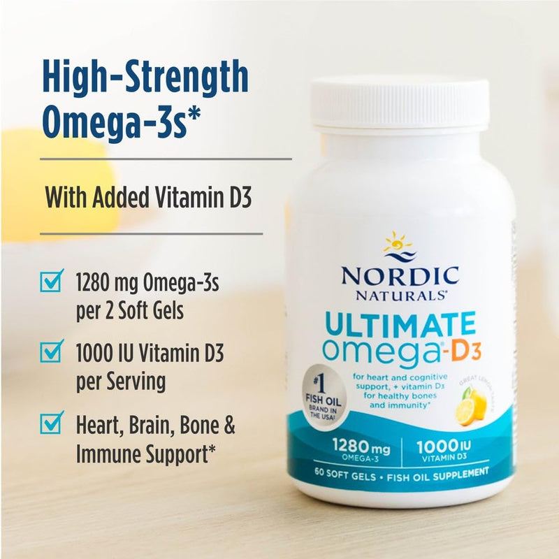 Nordic Naturals Ultimate Omega-D3,1280mg + 1000IU D3, Lemon - 60 Count | Omega-3 Fish Oil with EPA & DHA + Vitamin D3. Supports brain, heart & immune health. Lemon flavor. 30 servings. 2 per day. 60 Count (Pack of 1)