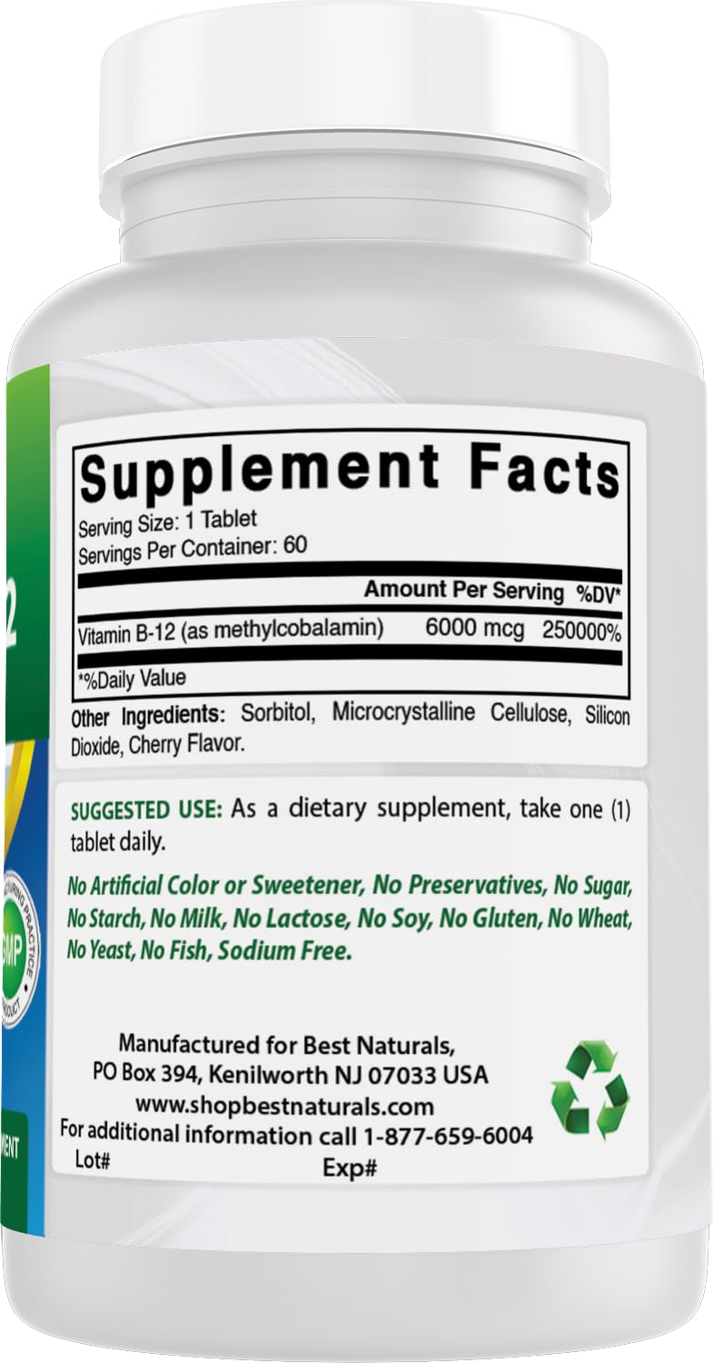 Best Naturals Vitamin B-12 as Methylcobalamin (Methyl B12), 6000 mcg 60 Sublingual Tablets (60 Count (Pack of 2)) Cherry 60 Count (Pack of 2)