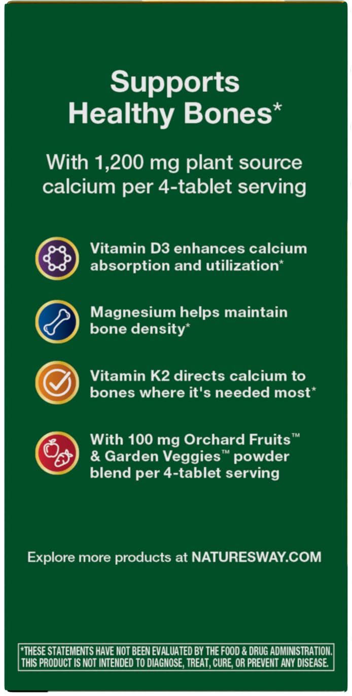 Nature’s Way Alive! Calcium Bone Support Tablets*, 1,200 mg Calcium, 60 ct | Max Absorption Calcium Supplement with Vitamins D3, K2, & Magnesium, Promotes Bone Health and Bone Density*, Gluten Free 60 Count (Pack of 1)