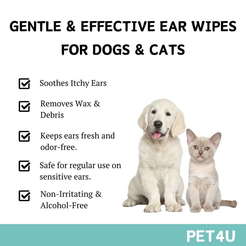 Gentle Ear Wipes for Dogs and Cats - 120 Wipes - Soothes Irritation, Removes Wax & Dirt - Safe for Sensitive Ears, with Aloe Vera & Castor Oil - Biodegradable & Flushable