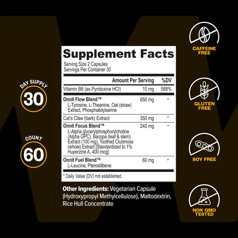 ONNIT Alpha Brain Nootropic Brain Supplement for Focus & Memory, 60 Count | IGEN Non-GMO Tested; L-Theanine, Alpha GPC & Vitamin B6; brain supplement for memory, focus & mental clarity, men & women 60 Count (Pack of 1)