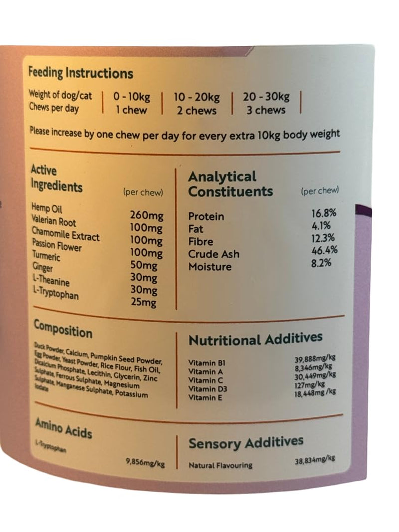 Stress Less Calming Chews - soft chew treat supplement for dogs and cats - help keep pets calm and anxiety & stress free during fireworks, Christmas, periods of separation - 60 chews per jar