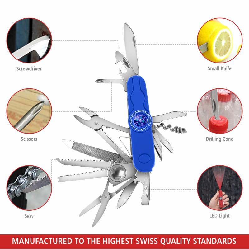 Swiss Eagle 30-in-1 Classic Pocket House Hold & Campaign Tool, Premium Multi Tool Pocket Tool with Compass, Scissor, Screwdriver, Plier, Magnifying Glass, Tweezer for Christmas Gifts - Blue