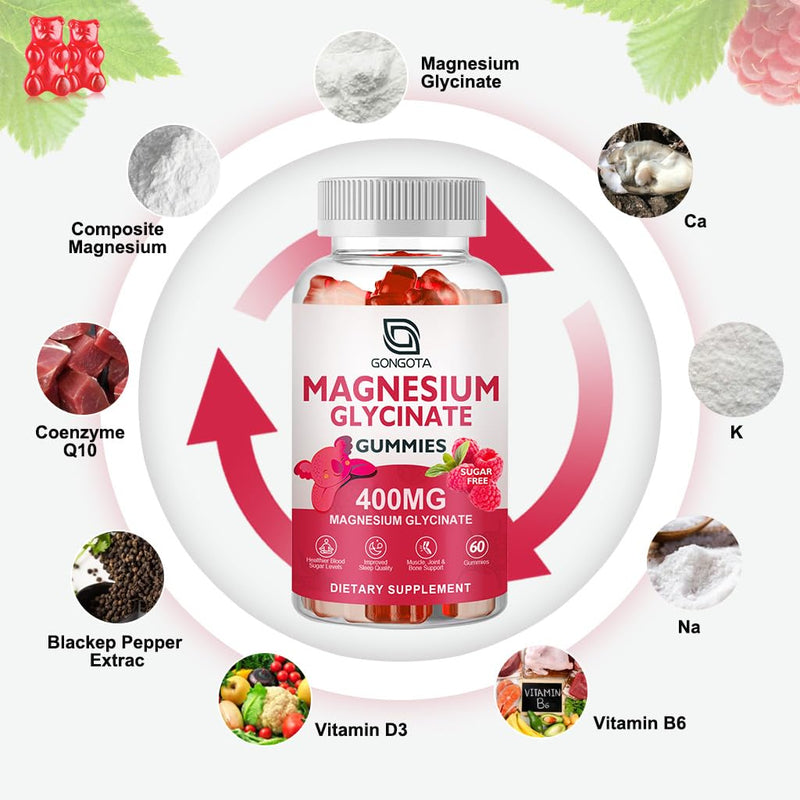 Magnesium Glycinate Gummies 400 mg with 100 mg Composite magnesium - Chelated Magnesium Potassium Supplement with Vitamin D, B6 Supports Calm, Sleep, Memory & Muscle Cramps,Sugar Free - 60 Gummies 60 Count (Pack of 1)