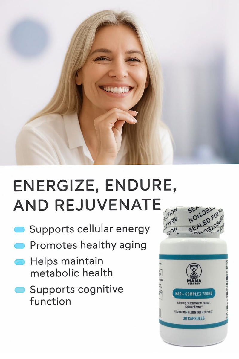 NAD+ Complex 750MG – with Niacin & Vitamin C – Vegan, Gluten-Free, Non-GMO – 30 Capsules | Cellular Energy, Healthy Aging & Mitochondrial Support, Vegan, Non-GMO, With Niacin & Vitamin C