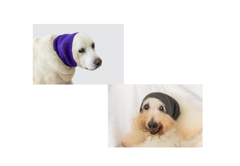 Quiet Ears for Dogs, (2 Pack) Soothing Ear Cover Reusable, Adjustable Anxiety Relief for Bathing, Grooming, Thunderstorms & Fireworks Grey+Purple L