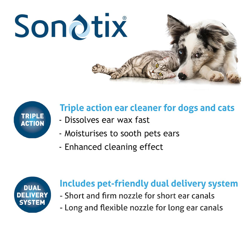 Sonotix New Triple Action Ear Cleaner for Dogs and Cats | Moisturises, Rebalances & Cleans Ears | 120ml bottle