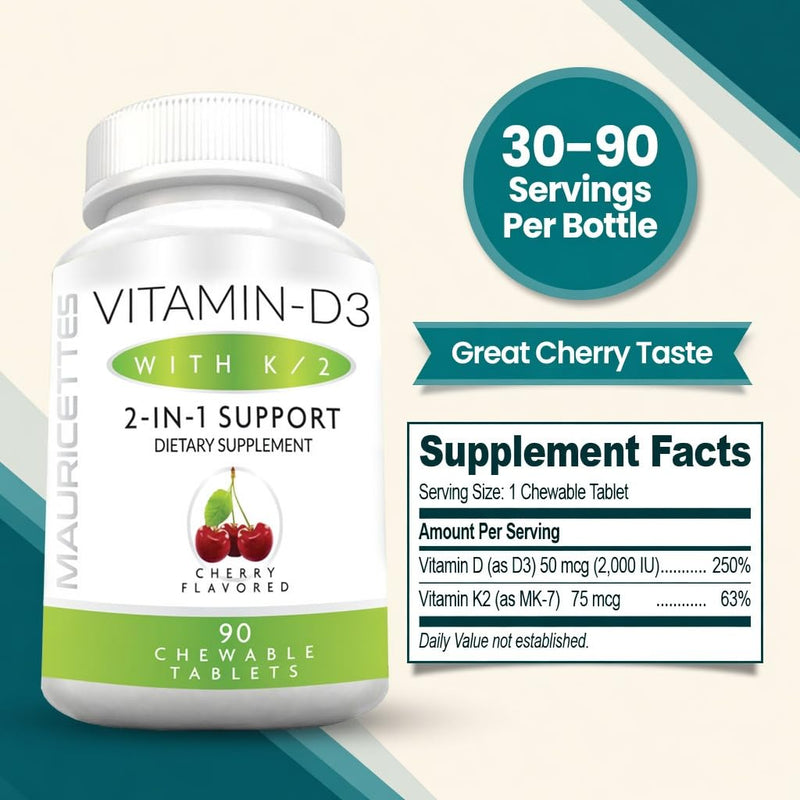 Mauricettes Chewable Vitamin D3 + K2 (MK-7) — No Pills to Swallow — Cherry Flavor Bone, Heart & Immune Support — 2,000 IU, 90 Chewable Tablets for the Whole Family
