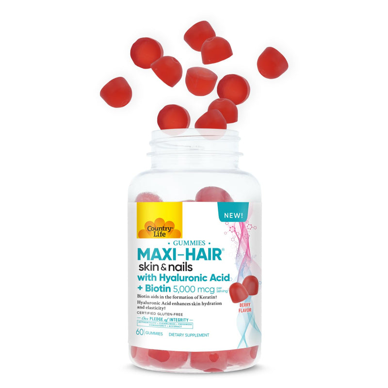 Country Life Maxi-Hair Skin & Nails Gummies with Biotin, 60 Count | Berry Flavored gummies with5,000 mcg biotin and hyaluronic acid to support healthy hair, skin, and nails