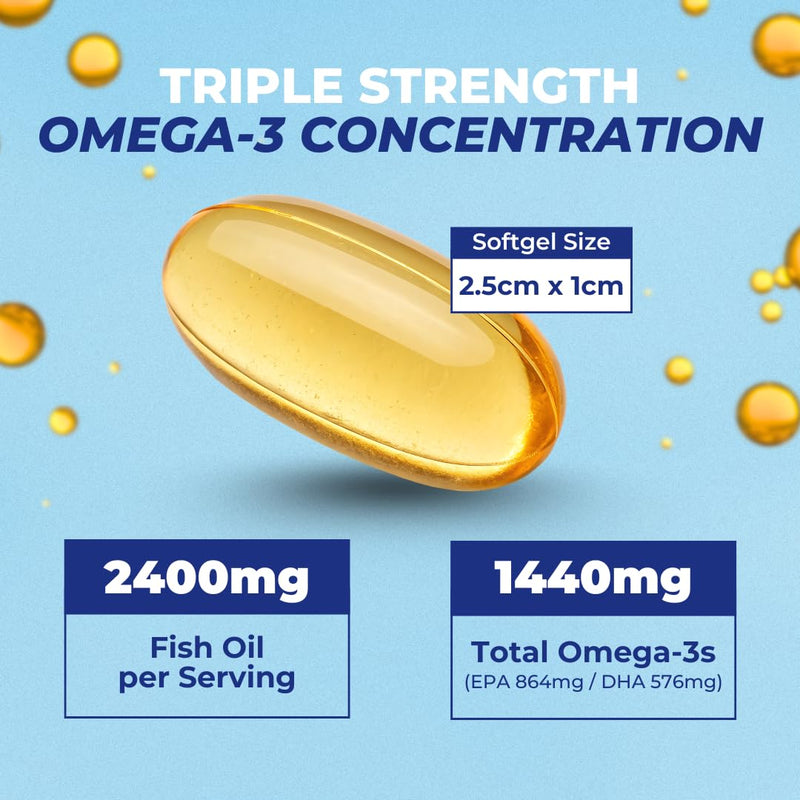 VITAL NUTRITIVE Omega 3 Fish Oil 2400mg - 864mg EPA 576mg DHA Brain & Heart | 1440mg Total Omega-3 Fatty Acids, for Women & Men, Brain & Heart Health, Lemon Taste, Gluten&Sugar Free, Non-GMO, 30 Days 60 Count (Pack of 1)
