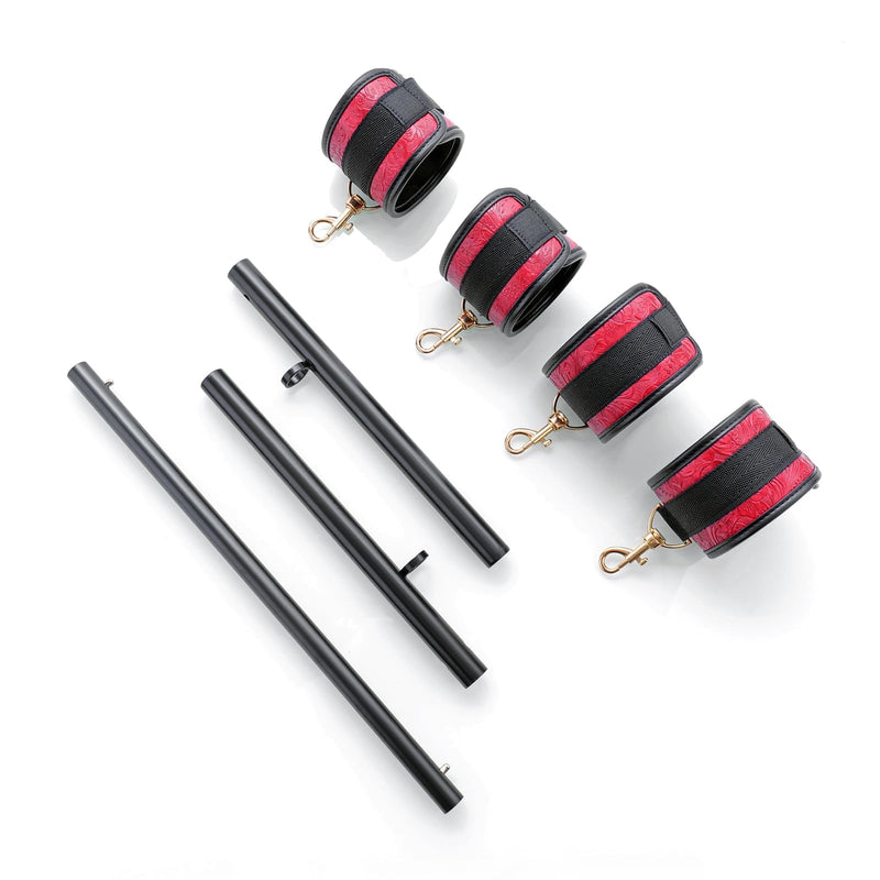 Heavy Duty Stainless Steel Expandable Spreader Bar with 4pcs Furry Purple Detachable Adjustable Straps,Workout Bar for Home Indoor Gym Training Kit Black+PU Red Embossed Kit