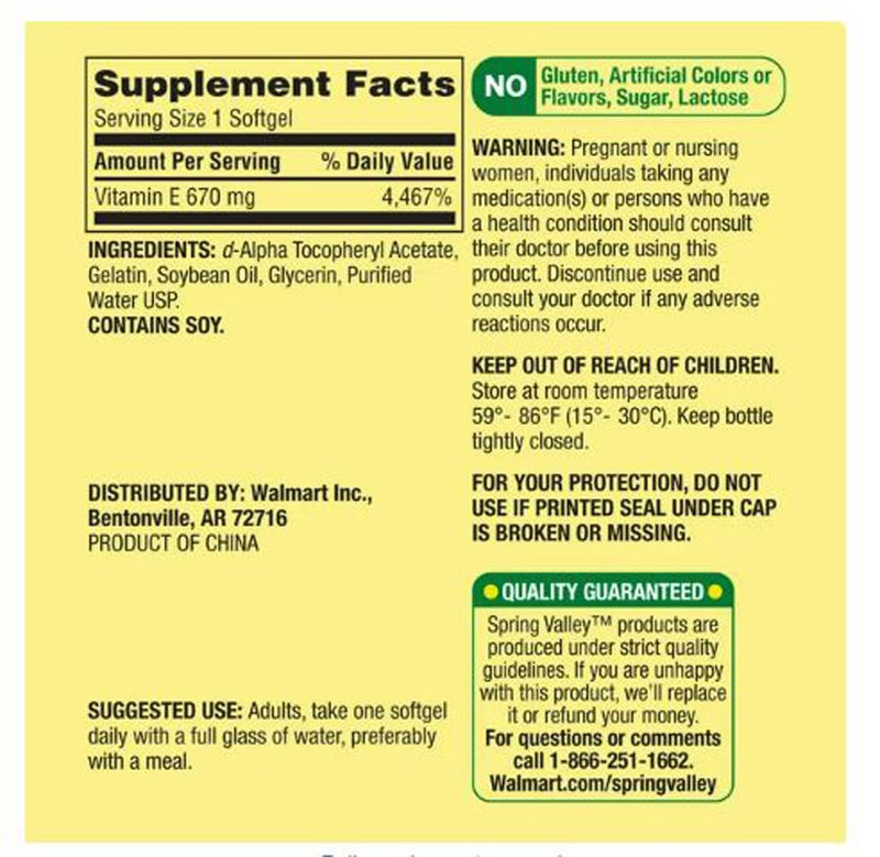 Extra Strength Vitamin E D-Alpha Spring Valley Softgels, 670 mg (1,000 IU), 60 Count and Bookmark Gift of YOLOMOLO - BeesActive Australia
