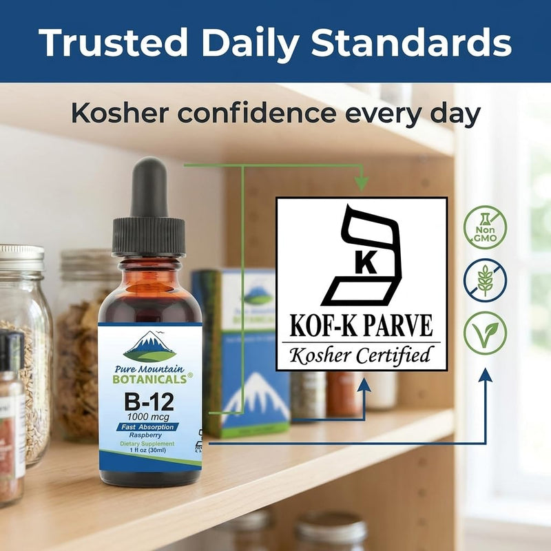 Pure Mountain Botanicals B12 1000 mcg - B12 Complex - Natural Berry Flavor - 30 Servings - Liquid Drops Vitamin - Kosher Supplement 1 Fl Oz (Pack of 1)