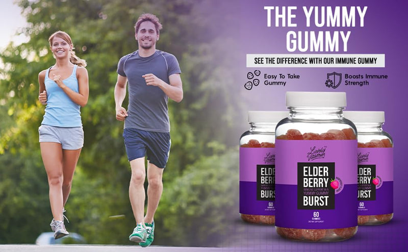 LIVELY VITAMIN CO. Elderberry Burst Gummies for Kids & Adults - Boosts Immune Health - Helps Avoid Colds & Illness - Black Elderberry, Vitamin C & Zinc - 3 Grams of Sugar - No Gelatin - 60 Gummies 60 Count (Pack of 1)