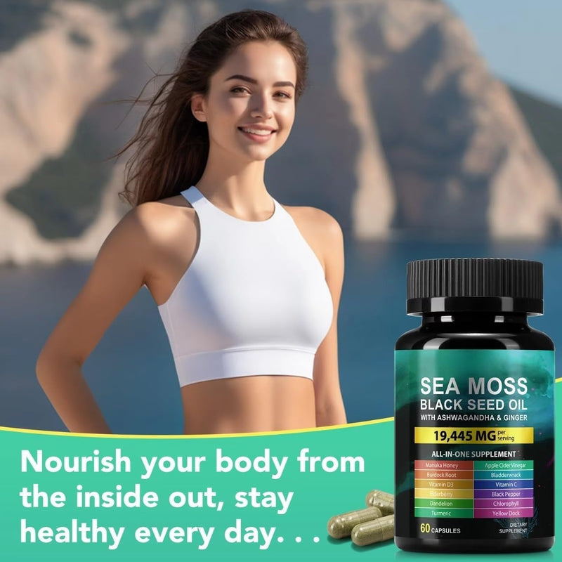 Sea Moss 7000mg Black Seed Oil 4000mg Ashwagandha 2000mg Turmeric 2000mg Bladderwrack 2000mg Burdock 2000mg & Ginger Vitamin C Vitamin D3 with Elderberry Manuka Dandelion Yellow Dock Chlorophyll ACV 60 Count (Pack of 1) - BeesActive Australia