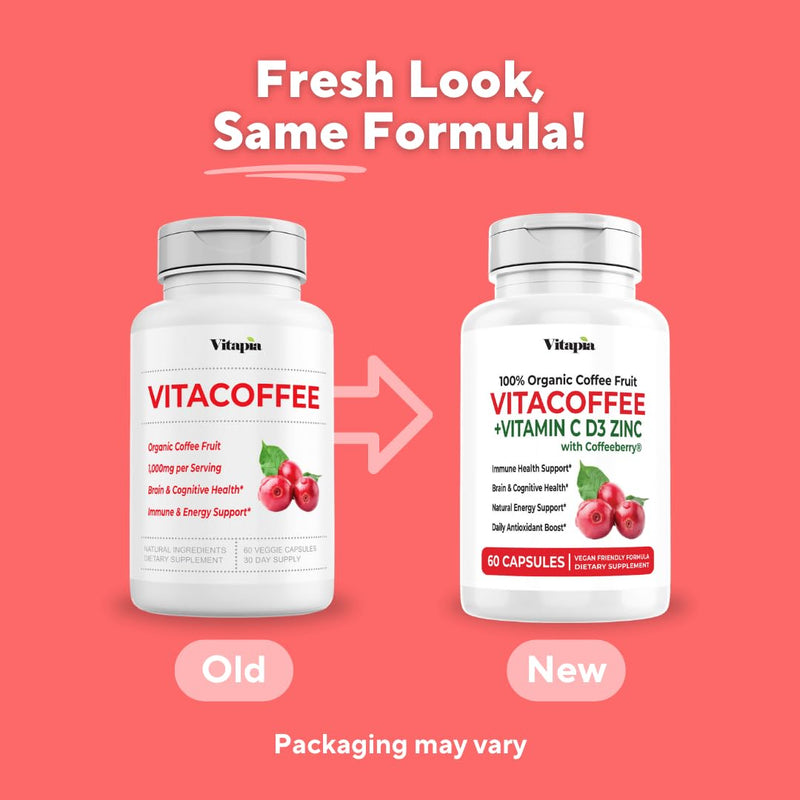 Vitacoffee Caffeine Pills - Coffee Fruit, Vitamin C, Vitamin D, Zinc Gluconate - Energy, Memory, Focus, Antioxidant, Skin Support - 60 Veggie Capsules - Non-GMO, Gluten-Free, Vegan Supplement 60 Count (Pack of 1)