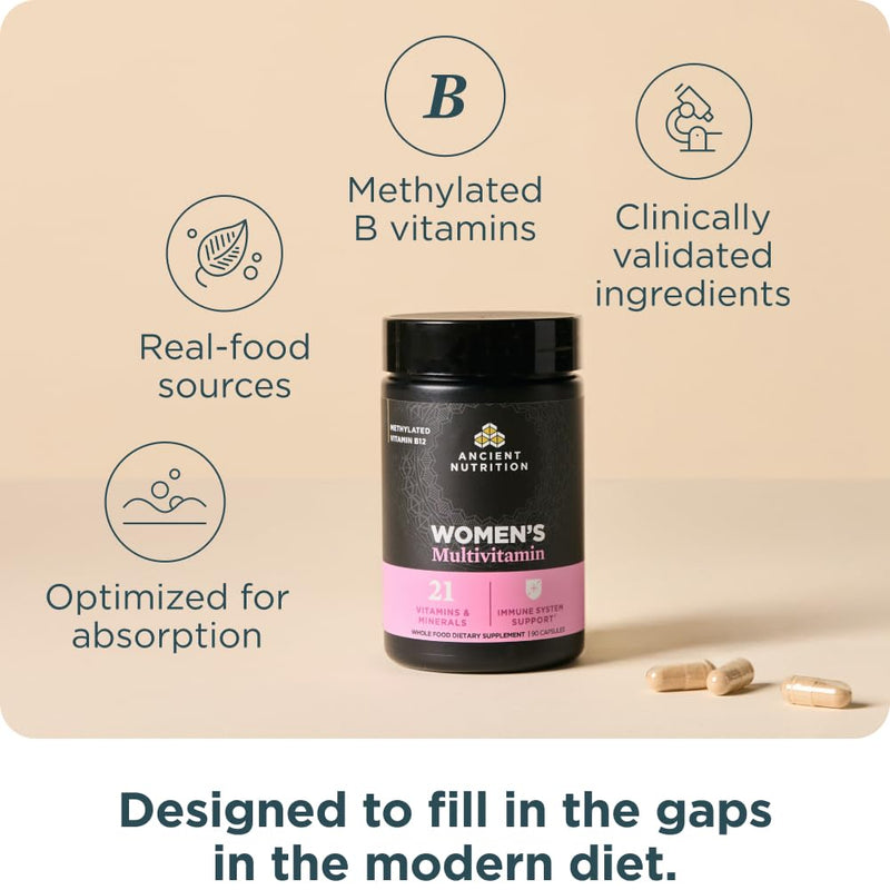 Ancient Nutrition Methylated Multivitamin for Women | Vitamin D, C, Methylated B12, Zinc, Magnesium, Supports Healthy Immune System and Bone Health, 90 Count Women's Multivitamin (90 count)
