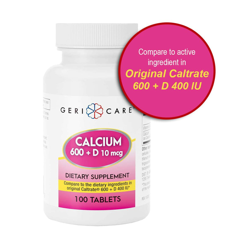 GeriCare Calcium 600mg, Vitamin D 10mcg (400 IU) Tablets, Supports Bone Health, Nutritional Supplement, 100 Count (Pack of 1) 100 Count (Pack of 1) Calcium 600mg - Vitamin D 10mcg