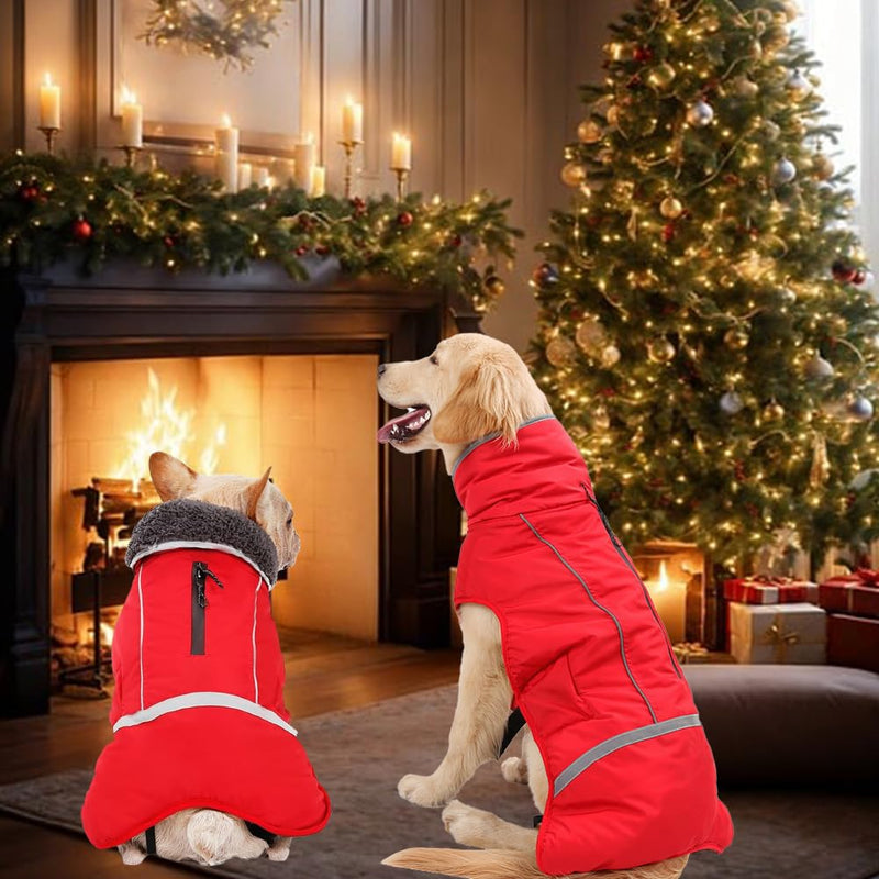 Doglay Dog Coat, Waterproof Dog Jacket Dog Winter Coat for Cold Weather with Thicken Furry Collar, Reflective Dog Winter Jacket Warm Fleece Lining, Dog Snow Coat for Small Medium Large Dogs XL(Chest : 24.41-33.46" , Back : 19.68") Red - BeesActive Australia
